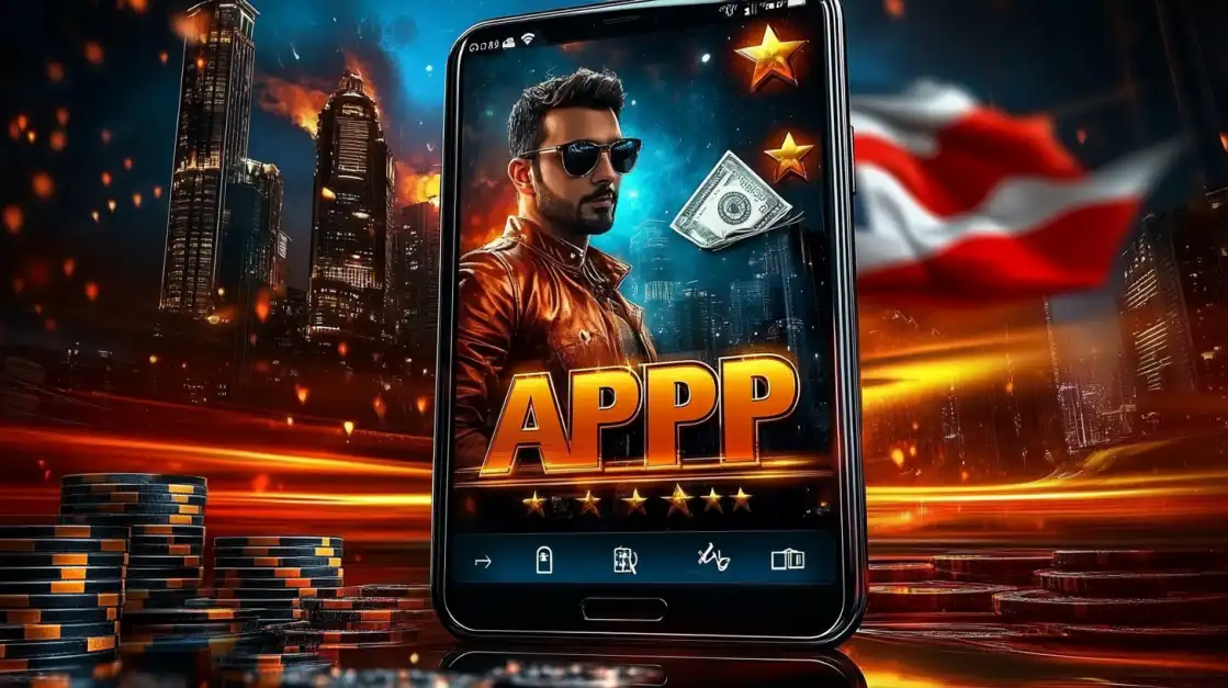 The tashanwin app is displayed on a phone, featuring a stylish male character against a night cityscape background with poker chips, highlighting the app's sophisticated and thrilling theme.