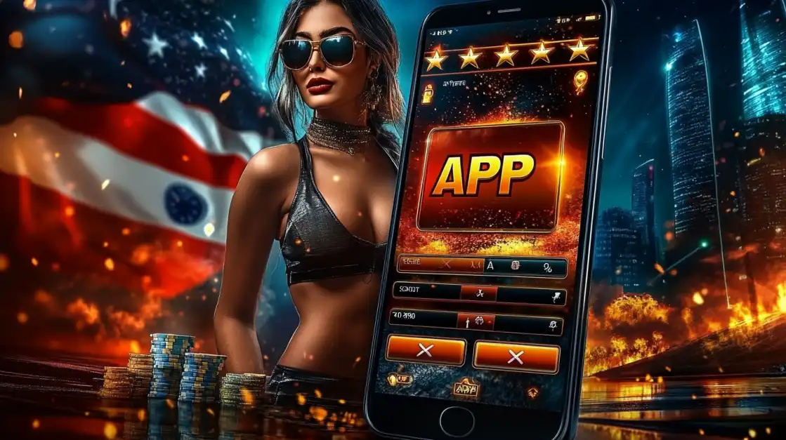 A confident woman in sunglasses stands beside a phone showing the tashanwin casino app. The city skyline, and poker chips suggests a premier gaming experience.