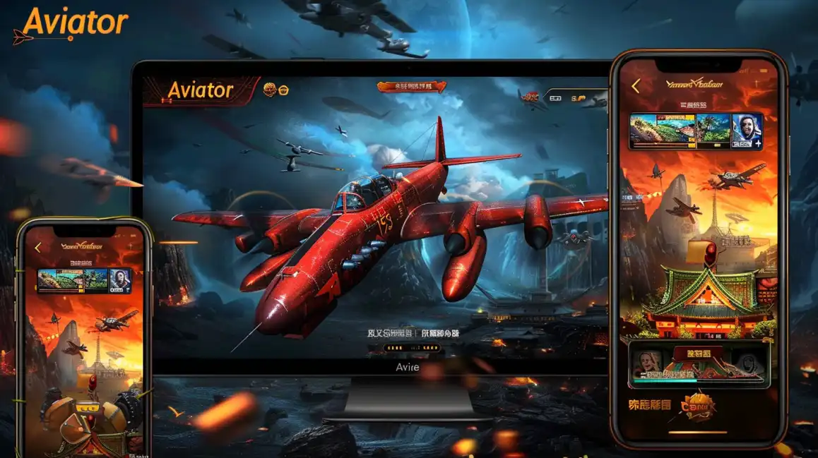 A promotional collage for the tashanwin Aviator game, displaying its vintage red fighter plane and user interface on a desktop monitor and two mobile phones.