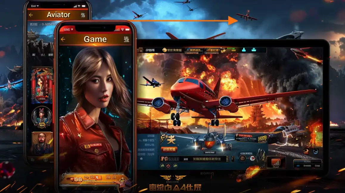 The popular Aviator game from tashanwin showcased on a tablet and two smartphones, featuring intense aerial combat and a confident female pilot character.