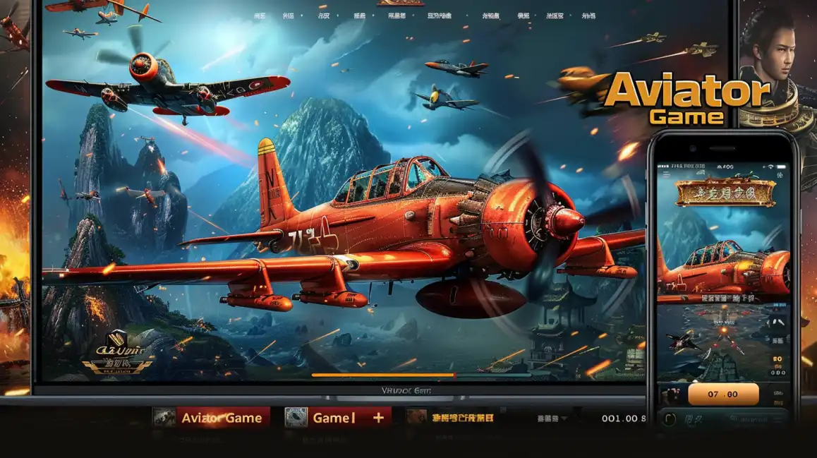 An immersive view of the tashanwin Aviator game on a large screen, showing a red propeller plane in flight over mountains, with the mobile app interface alongside.