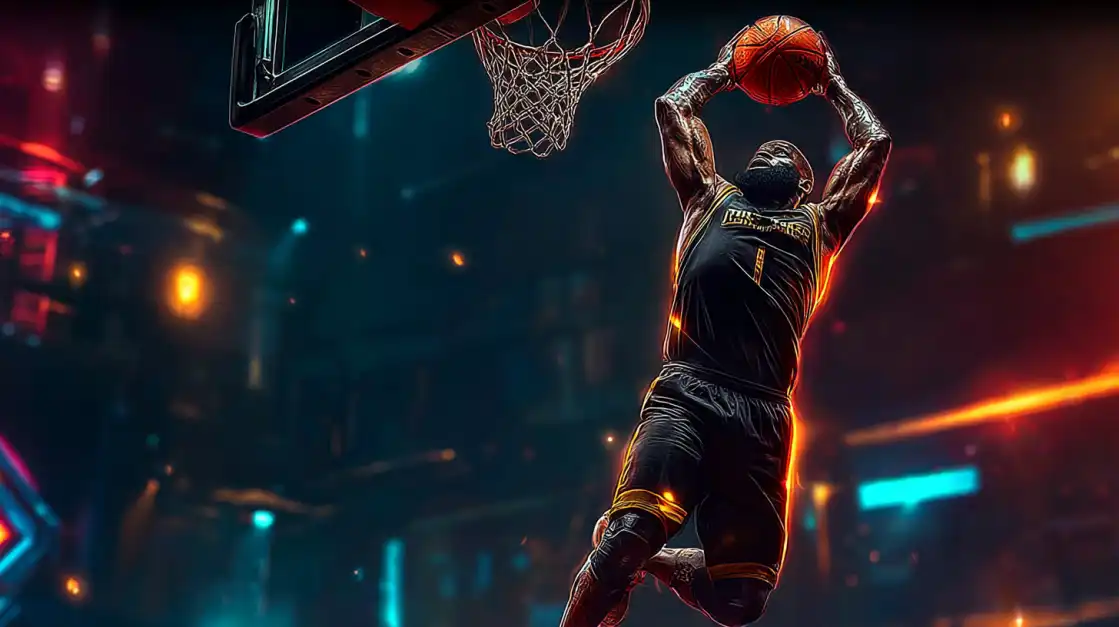 A powerful basketball player captured mid-air executing a spectacular slam dunk in a brightly lit arena, highlighting the thrilling sports betting options at tashanwin.