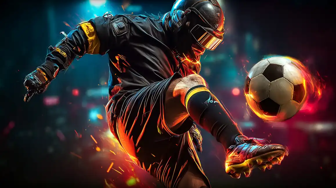 A soccer player in futuristic gear and a helmet striking a flaming football, symbolizing the high-energy and exciting football betting markets available on tashanwin.
