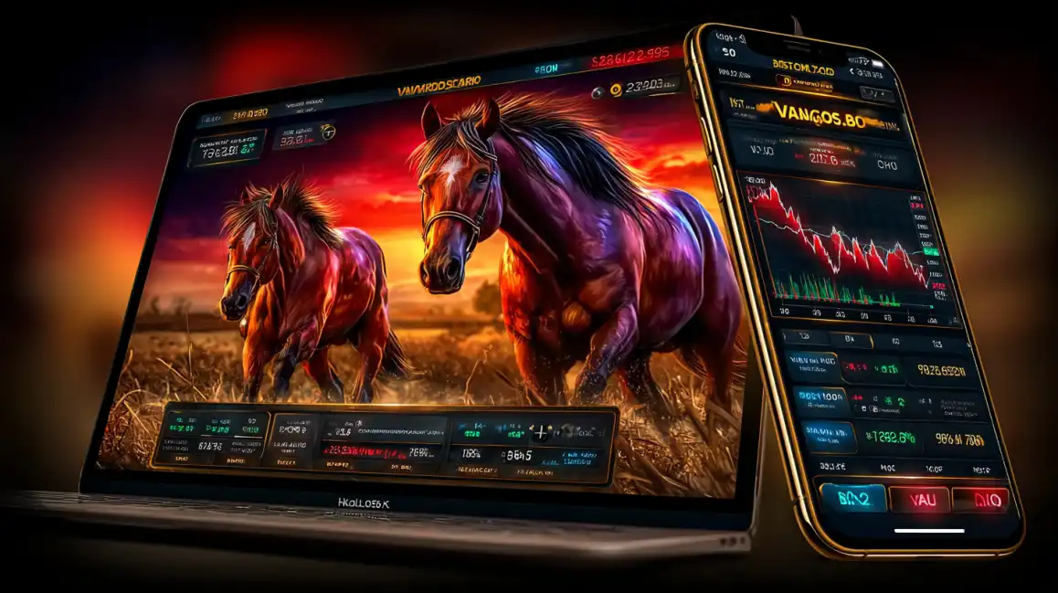 A laptop and a smartphone displaying the tashanwin platform, with the laptop showing a dynamic horse racing game and the phone showing a financial-style betting graph.