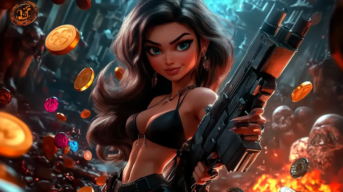 A fierce female character from a tashanwin action game, holding a large rifle amidst a chaotic scene of floating coins, fire, and skulls, ready for battle.