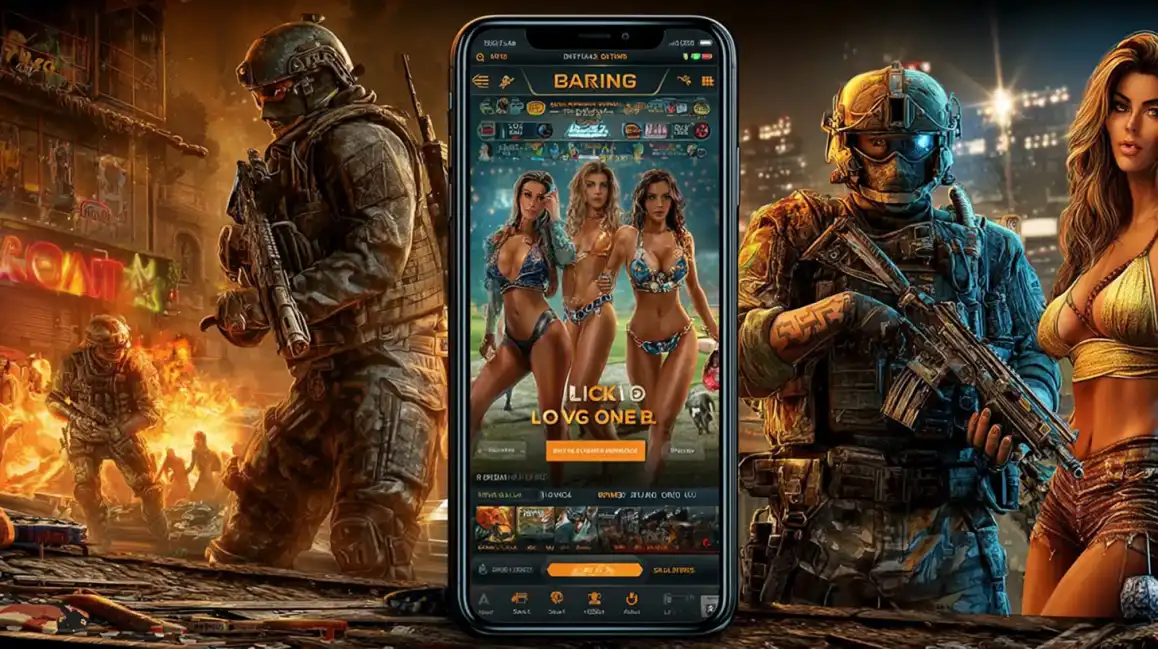 The tashanwin mobile gaming app is displayed on a phone, showing three female characters in bikinis, set against a contrasting background of armed soldiers in a warzone.