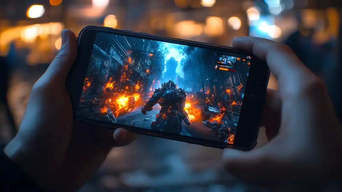 A first-person view of a person holding a smartphone and playing an intense action game from tashanwin, featuring a heavily armored character amidst explosions.