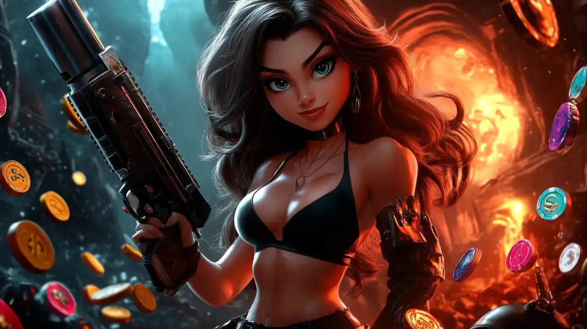 A powerful animated heroine in a black top holds a large gun against a fiery backdrop with floating casino chips, showcasing the thrilling action games at tashanwin.