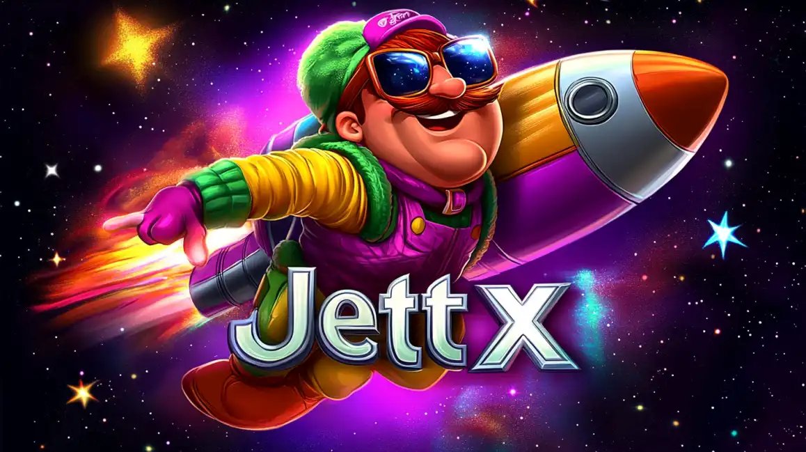 The mustached cartoon pilot from the JetX game soars through a purple galaxy on a rocket, representing the exciting crash game you can play on the tashanwin platform.