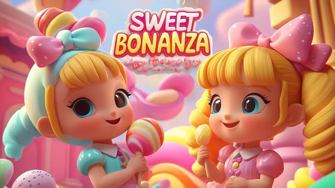 Two cute cartoon girls with big eyes and colorful bows enjoy lollipops in a whimsical candy land, promoting the popular Sweet Bonanza slot game available at the tashanwin casino.