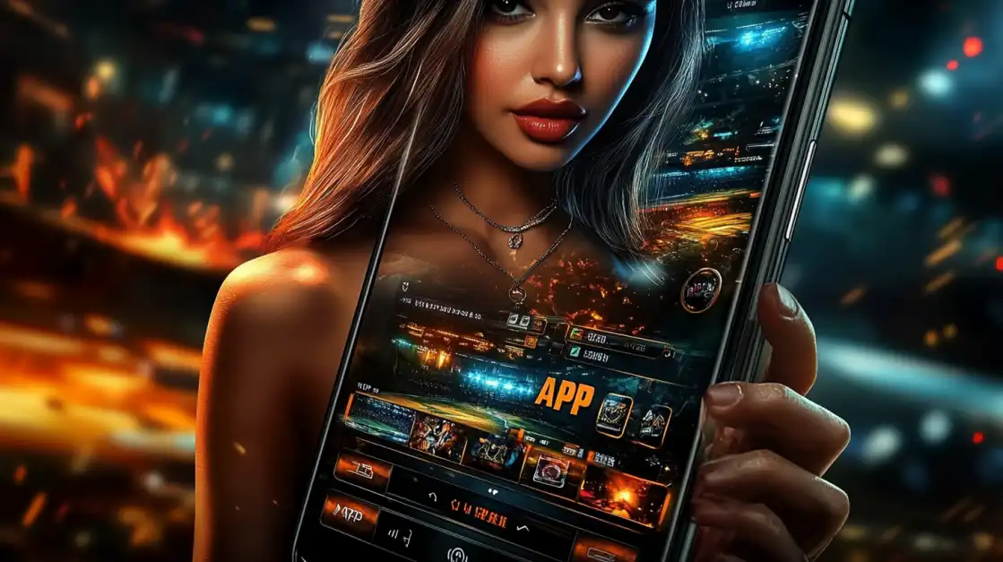 A close-up of a woman holding a smartphone, displaying the detailed user interface of the tashanwin gaming app against a dynamic, fiery background, inviting users to explore the game's features.