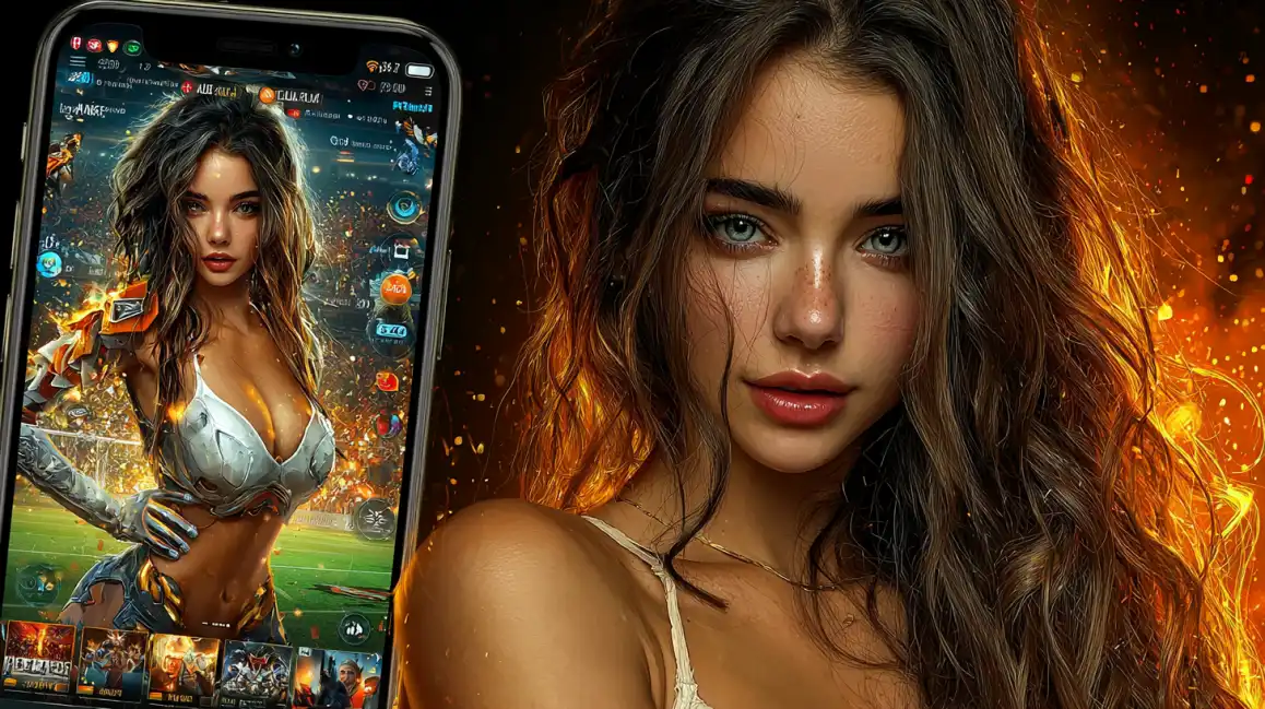 A striking woman with a fiery backdrop holds a smartphone showcasing the tashanwin game app. The screen displays a female character in futuristic armor on a sports field, highlighting the game's graphics.