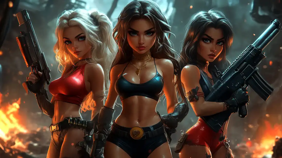 A team of three powerful and confident female warriors armed with rifles, representing the hero characters from a thrilling action game available to play at tashanwin.