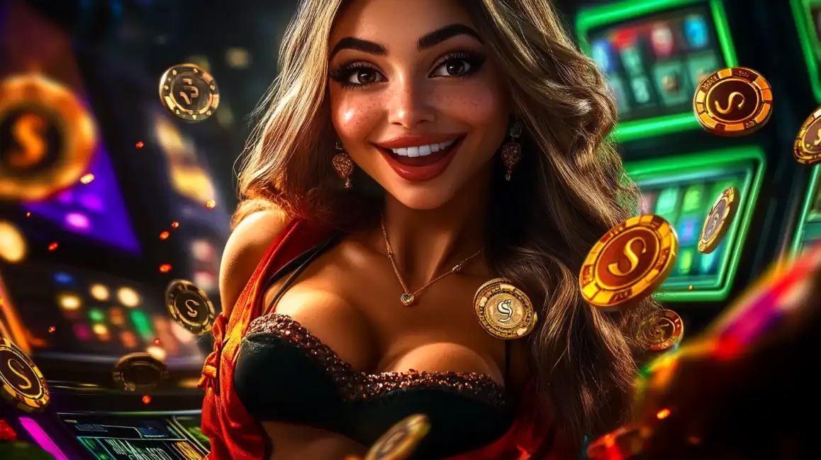 A joyful woman with a beautiful smile surrounded by a shower of floating gold coins in front of colorful slot machines, celebrating a jackpot win at tashanwin casino.
