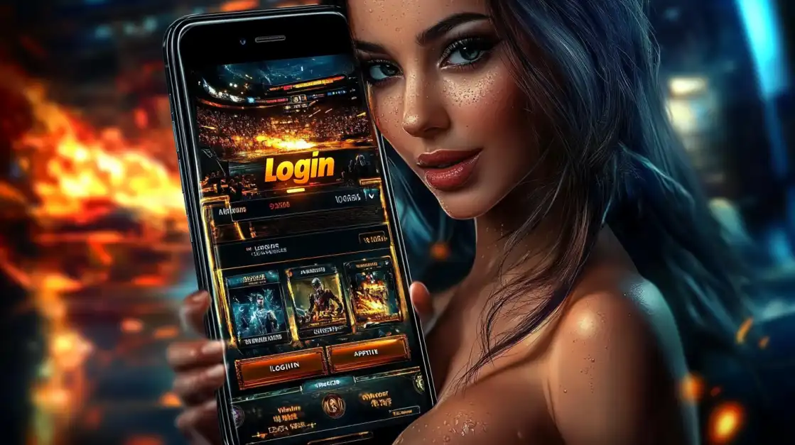 A smiling woman presents a smartphone with the official login screen for the tashanwin app. The interface shows character cards and a clear Login button, encouraging players to start their adventure.
