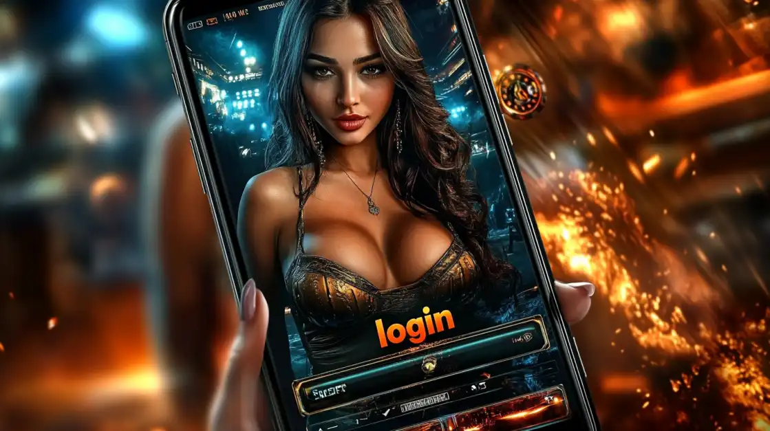 A glamorous woman is featured on the screen of a smartphone displaying the tashanwin app's login page. The fiery theme suggests an exciting and intense gaming session awaits after login.