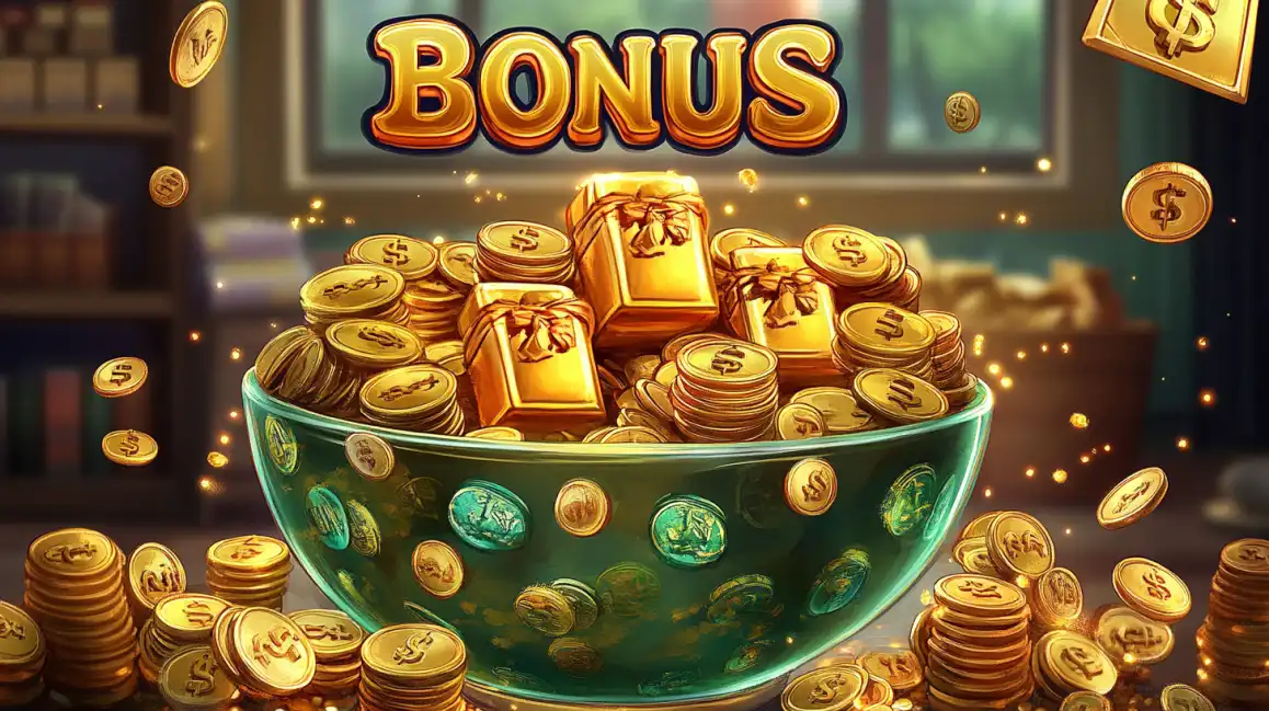 A large bowl overflows with gold coins and bonus gift boxes under a golden BONUS sign, representing the generous rewards and promotions offered at tashanwin casino.