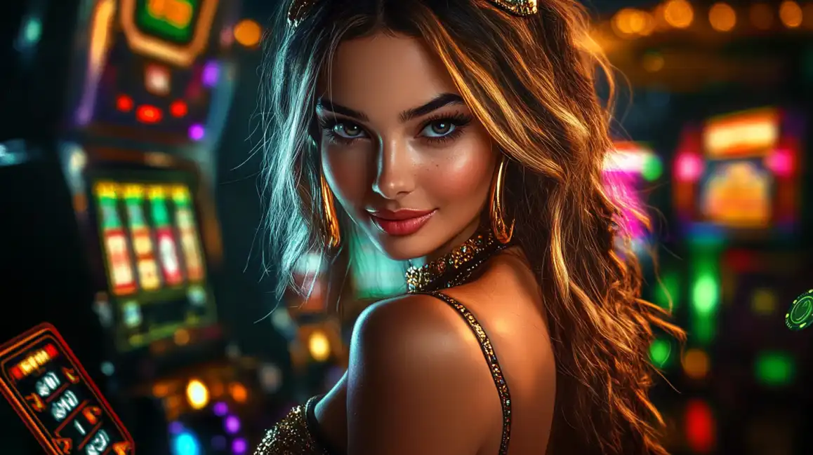 A glamorous woman with stunning makeup and wavy hair looks over her shoulder with a captivating smile, with the bright, colorful lights of tashanwin slot machines in the background.