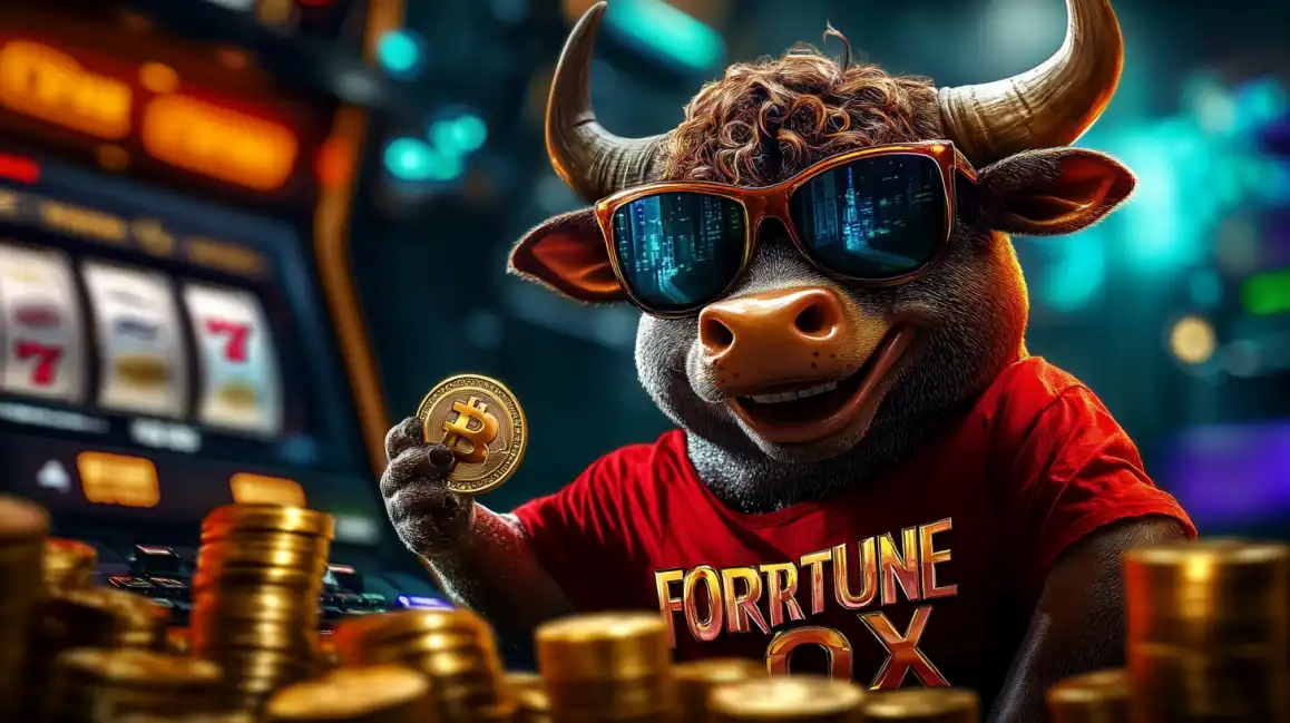 A cool bull character in sunglasses and a red Fortune Ox t-shirt holds a Bitcoin, surrounded by gold coins, highlighting the crypto-friendly games at tashanwin.