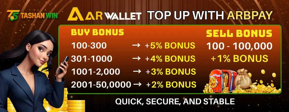 A promotional banner for Tashanwin showing the deposit bonus tiers when using Aar Wallet with Arbpay. It details buy and sell bonuses for a quick, secure, and stable transaction.