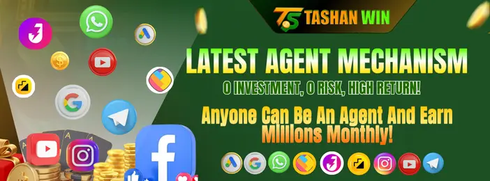 A banner advertising the Tashanwin agent mechanism. It promotes a zero-investment, high-return opportunity to become an agent and earn millions monthly through social media.