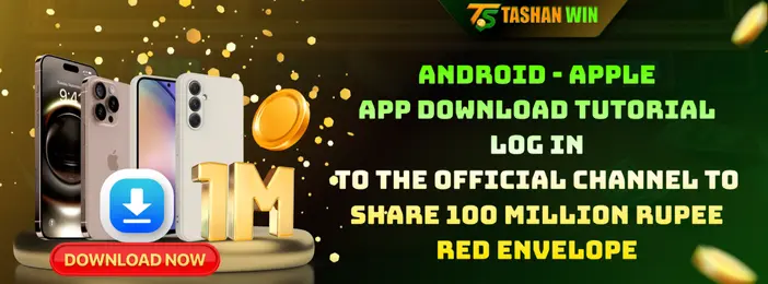 Tashanwin promotional banner for the Android and Apple app. The image features smartphones and highlights a 100 million Rupee Red Envelope share for users who download the app.