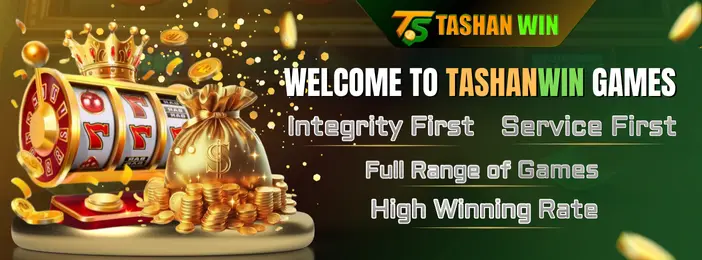 A welcome banner for Tashanwin Games, featuring a slot machine and a bag of gold. It emphasizes the platform's integrity, service, full range of games, and high winning rate.