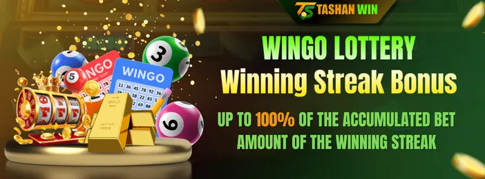 An advertisement for the Wingo Lottery at Tashanwin, promoting a Winning Streak Bonus. The banner shows lottery tickets and gold bars, with bonuses up to 100% of the bet amount.